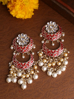 Shoshaa - Red & Off White Enamel Kundan Chandbali Earrings