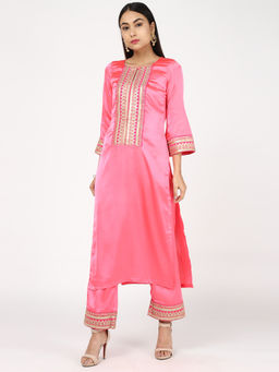 SHADES OF FAASHION - Pink Satin Emroided Kurti With Trousers (Set of 2)