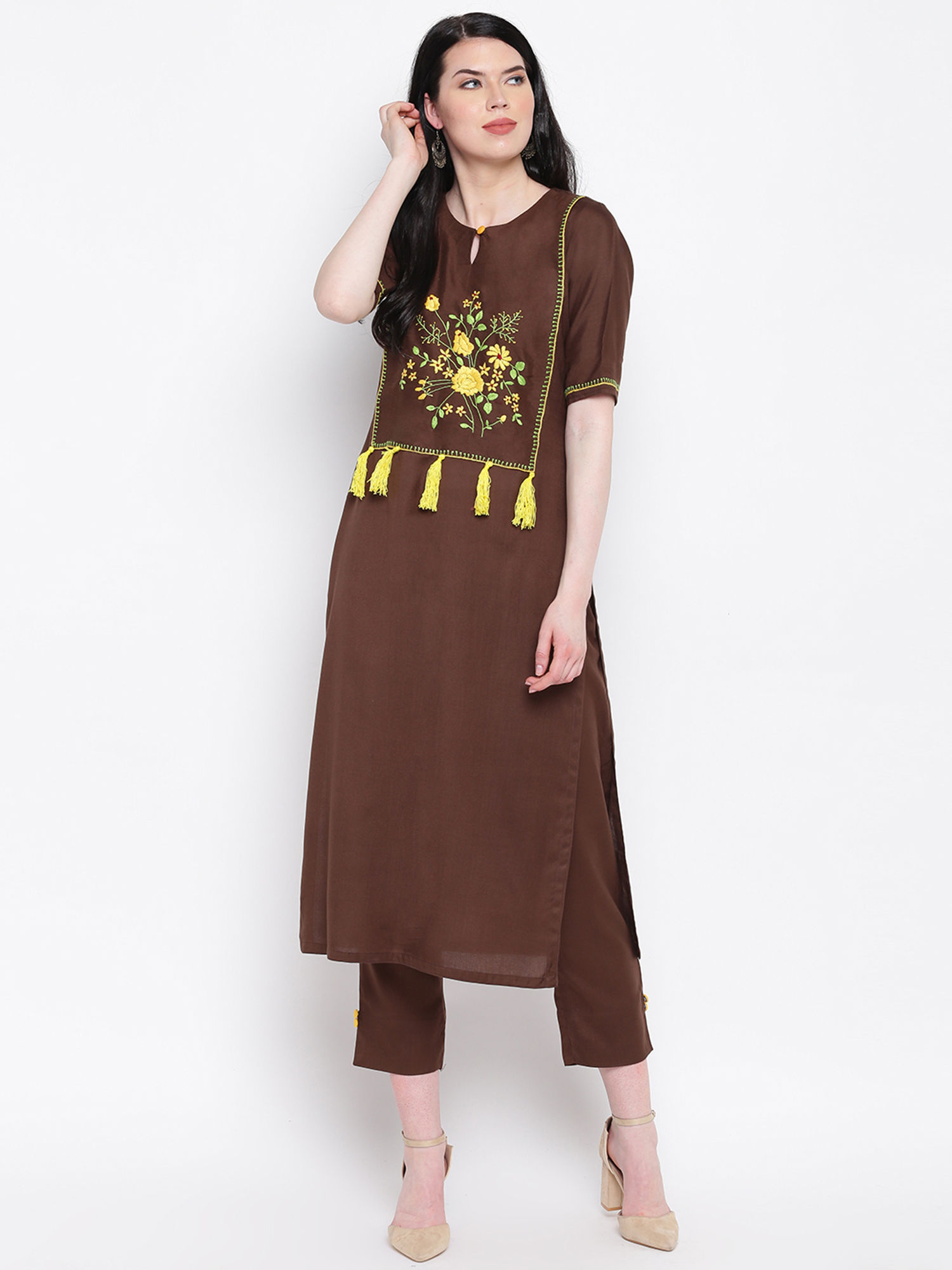 Hand Embroidered Dark Brown Kurti 