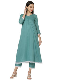 Shaily - Retails Women Teal Green Solid Cotton Kurta With Trousers (set Of 2)