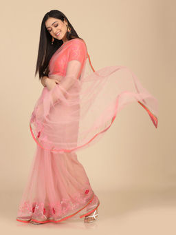 Shaily - Women Pink Net Embellished Saree With Unstitched Blouse