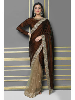 Shaily - Women Brown & Beige Net & Velvet Embellished Saree With Stitched Blouse
