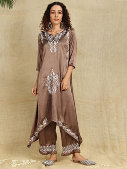 SHADES OF FAASHION - Greyish Brown Chikankari Kurti with White Resham Thread Work