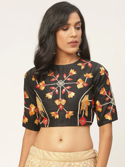 Shaily - Black Raw Silk Stitched Blouse