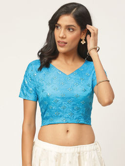Shaily - Blue Raw Silk Stitched Blouse