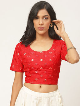 Shaily - Red Raw Silk Stitched Blouse