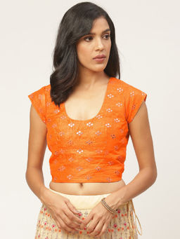 Shaily - Orange Raw Silk Stitched Blouse