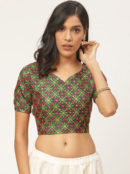 Shaily - Green Raw Silk Stitched Blouse