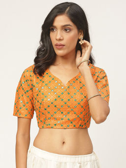 Shaily - Orange Raw Silk Stitched Blouse
