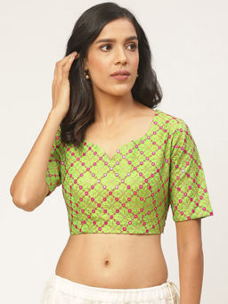 Shaily - Green Raw Silk Stitched Blouse
