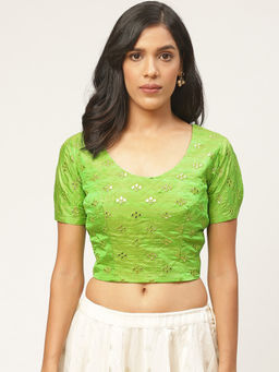 Shaily - Green Raw Silk Stitched Blouse
