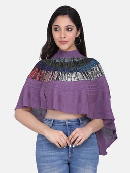 Shaily - Women's Lavender Abstract Knit Pattern Turtle Neck Ponchos