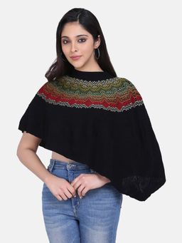Shaily - Women's Black Cable Knit Pattern Turtle Neck Ponchos