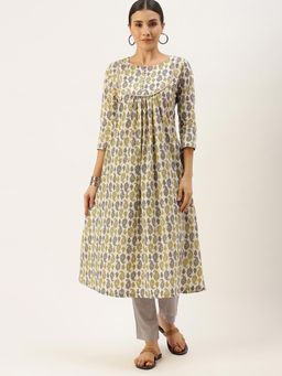 Shaily - Women White Ethnic Motifs Printed Pleated Pure Cotton Kurta With Palazzos (set Of 2)