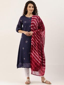 Shaily - Women Navy Blue Dyed Mirror Work Kurta With Trousers & With Dupatta (set Of 3)