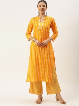 Shaily - Women Mustard Yellow Striped Regular Pure Cotton Kurta With Palazzos (set Of 2)