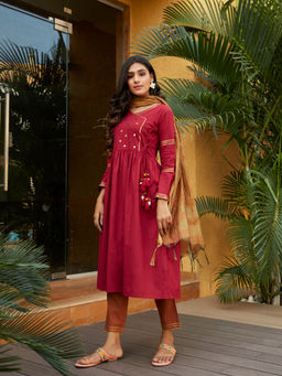 Shaily - Red Mustard Printed Angarkha Kurta With Pant & Dupatta (Set of 3)