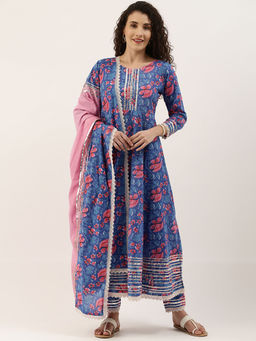Shaily - Women Blue & Pink Floral Pleated Cotton Kurta (Set of 3)