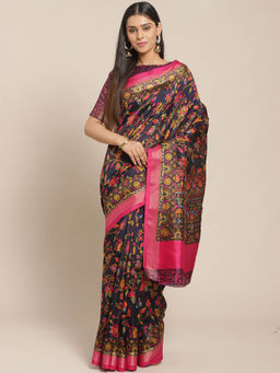 Sareemall - Navy Blue Floral Saree with Unstitched Blouse