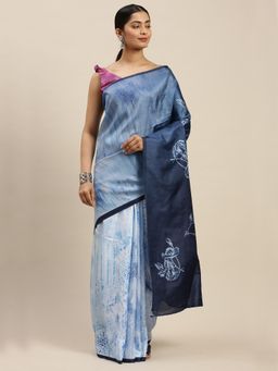 Sareemall - Blue Casual Dola Silk Printed Saree With Unstitched Blouse