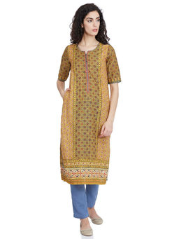 Biba - Mustard Straight Printed Kurta