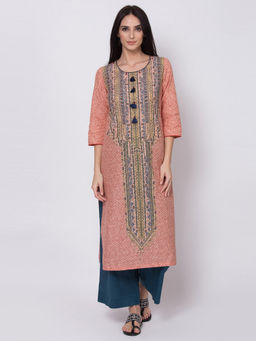 Biba - Peach Printed Straight Kurta