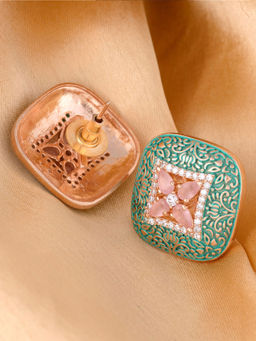 Saraf RS Jewellery - Teal Enamelled Studs Green Meenakari & Pastel Pink Ad Brass Small Earrings (Onesize)