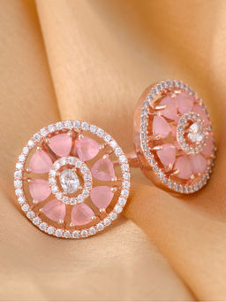 Saraf RS Jewellery - Elegant Pastel Pink Floral Studs Ad Encrusted Rose Gold Plated Brass Earrings (Onesize)