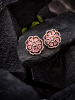 Saraf RS Jewellery - Crown Design Rose Quartz Studs Pastel Pink Stud Ad Studded Rose Gold Earrings (Onesize)