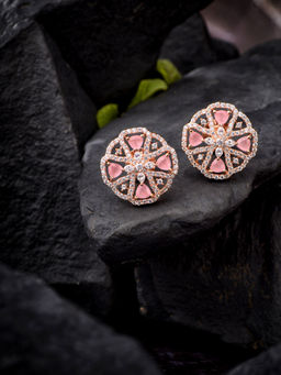 Saraf RS Jewellery - Floral Design Pastel Pink Studs Quartz Earrings Rose Gold Plated (Onesize)