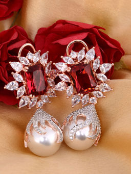 Saraf RS Jewellery - Royal Ruby Floral Shape American Diamond Brass Pearl Studded Drop Earrings (Onesize)