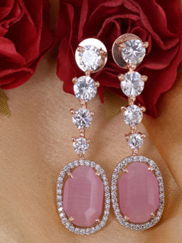 Saraf RS Jewellery - Rose Gold Plated Pastel Pink Drop White American Diamond Brass Earrings