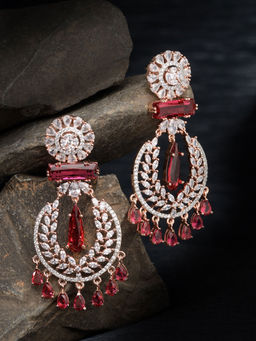 Saraf RS Jewellery - Rose Gold Plated Ruby Ad Stone Studded Partywear Designer Floral Drop Earrings