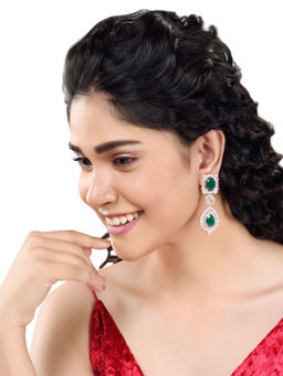 Saraf RS Jewellery - Rose Gold Plated Emerald Green And White Ad Studded Floral Design Drop Earrings