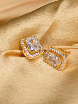 Saraf RS Jewellery - Gold Plated Ad Studded Brass Emerald Cut Square Shaped Stylish Stud Earring