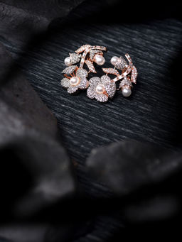Saraf RS Jewellery - Rose Gold Plated White Ad And Pearl Studded Flower Stud Partywear Earrings