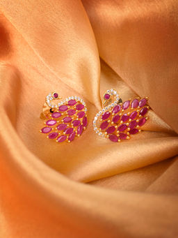Saraf RS Jewellery - Gold Plated Swan Shaped Magenta Brass Studs Ad Encrusted Daily Use Earrings