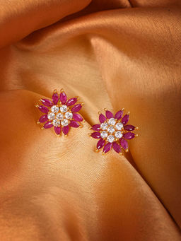 Saraf RS Jewellery - Gold Plated Contemporary Floral Stud Magenta And White Ad Brass Earrings