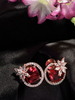 Saraf RS Jewellery - Rose Gold Plated Ruby Red Ad Floral Contemporary Partywear Brass Studs Earrings