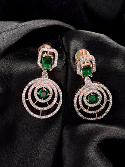Saraf RS Jewellery - Rose Gold Plated Green White Ad Studded Concentric Party Wear Geometric Earrings