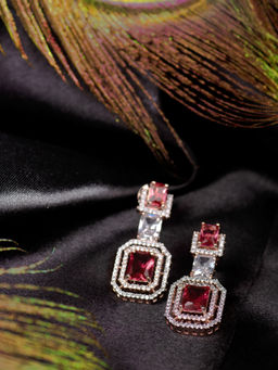 Saraf RS Jewellery - Rose Gold Pink Ruby & White Ad Studded Contemporary Party Wear Brass Earrings