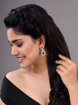 Saraf RS Jewellery - Rose Gold Plated Emerald Green White Ad Studded Dropdown Party Wear Brass Earring