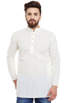SOJANYA - Cream Men Cotton Chikan Short Kurta