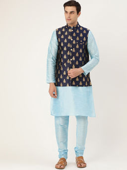 SOJANYA - Men Silk Blend Sky Blue Kurta Pyjama & Navy Blue Nehru Jacket (Set of 3)