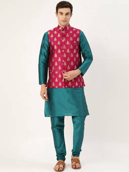 SOJANYA - Men Silk Blend Teal Green Kurta Pyjama & Magenta Nehru Jacket (Set of 3)