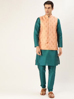 SOJANYA - Men Silk Blend Teal Green Kurta Pyjama & Peach Nehru Jacket (Set of 3)