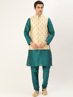 SOJANYA - Men Silk Blend Teal Green Kurta Pyjama & Beige Nehru Jacket (Set of 3)