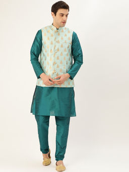 SOJANYA - Men Silk Blend Teal Green Kurta Pyjama & Sea Green Nehru Jacket (Set of 3)
