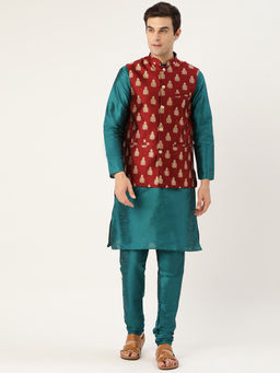 SOJANYA - Men Silk Blend Teal Green Kurta Pyjama & Maroon Nehru Jacket (Set of 3)