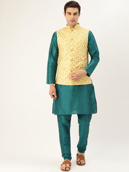 SOJANYA - Men Silk Blend Teal Green Kurta Pyjama & Lemon Nehru Jacket (Set of 3)